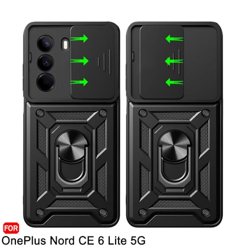 Image of TheGiftKart Tough Armor Bumper Back Cover Case for OnePlus Nord CE 6 Lite 5G | Sliding Camera Cover, KickStand & Ring Holder | 360 Protection Back Cover for OnePlus Nord CE6 Lite 5G (PC & TPU, Black)