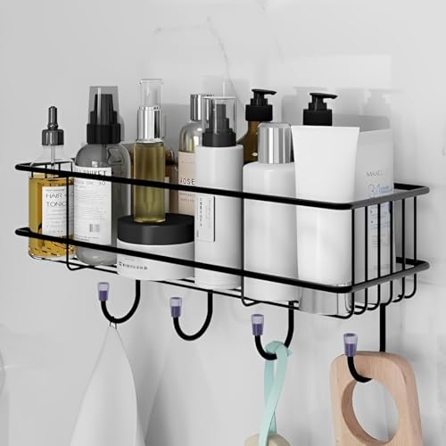 Image of Puno Heavy Duty Wall Mounted Steel Bathroom Shelf with 4 Hooks | Self-Adhesive Storage Organizer Rack | Waterproof & Rust-Resistant Wall Shelf for Kitchen, Bathroom & More (Black)