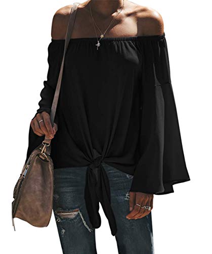 LuckyMore Women's Off Shoulder Tops Tie Front Bell Sleeve Casual Fall Shirt Blouses Black XL
