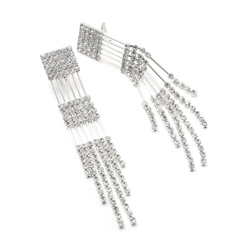 Topwholesalejewel Silver Crystal 2 Layer Teardrop Pear Shape Dangle Clip Earrings Tipped with Upside Down Teardrop Shape