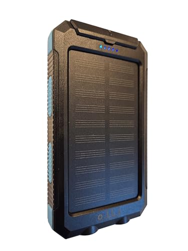 o.LL.i. Power Bank. Banco de Energía Solar Portátil enchufable, 20.000mAh, Resistente al Agua y Golpes, Cargador para Dispositivos Móviles. Linterna y brújula. Negro y Celeste