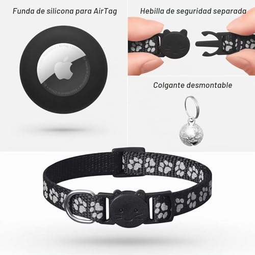 Miniatura 3 de Lafayi 2 Pack Collar De Gato Compatible Con Airtag Apple Con Accesorio,Reflectante Ajustable Para Gatos Apple Airtag Con Cierre De Seguridad,Negro