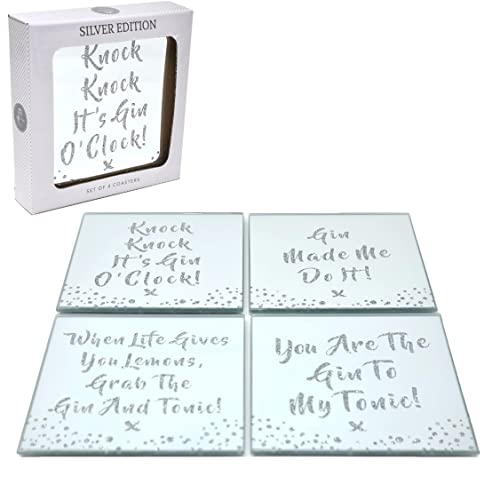 Image of The Leonardo Collection Heat Resistant Set Of 4 Glass Coasters - Silver Gin Glitter Slogans