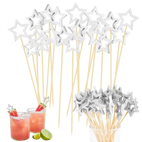 WUSJCOF 100 piezas Pinchos de Cóctel de Madera,para Cócteles,Brochetas,Aperitivos,Silver Star-Cocktailspieße,Holz,biologisch abbaubar,langlebig,glatte Oberfläche,Fingerfood,Vorspeisen,Cupcakes