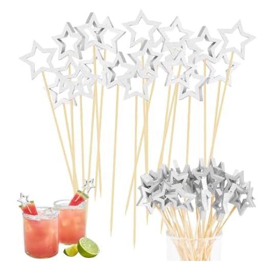 WUSJCOF 100 pièces Bâtonnets Étoiles Dorées et Argentées,Brochettes en Bois,pique aperitif,pic brochette,service noel,pour Noël Ramadan Eid,Fête D'anniversaire,Décoration Gâteau (Argenté)