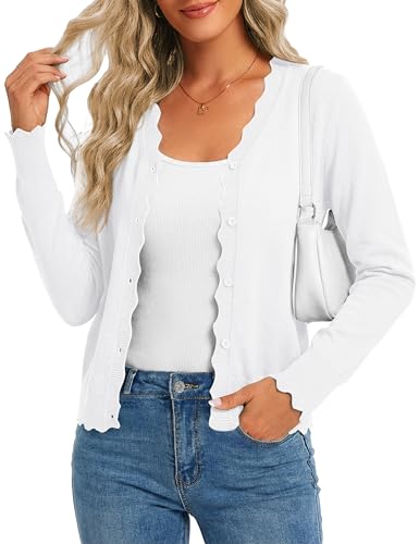 DGvan Womens Summer Cardigan White Button Down Sweater with V-Neck Long Sleeve Lightweight White Medium