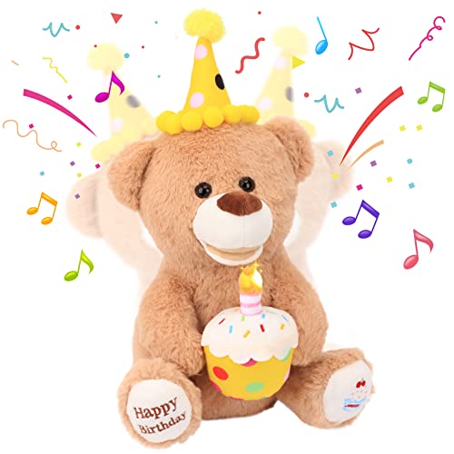 Hopearl Adorable Happy Birthday Teddy Bear with Glowing Cupcake Musical Stuffed Animal Bear Singing and Shaking Plush Toy Interactive Animated Kids...