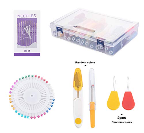 Lemonfilter Sewing Machine Thread 60 Colour 250 Yards Each Spool Polyester Thread Kit with 10 Sewing Needles, 2 Needle Threader, Yarn Scissors, Stripper and Pearl Needle for Hand or Machine Sewing