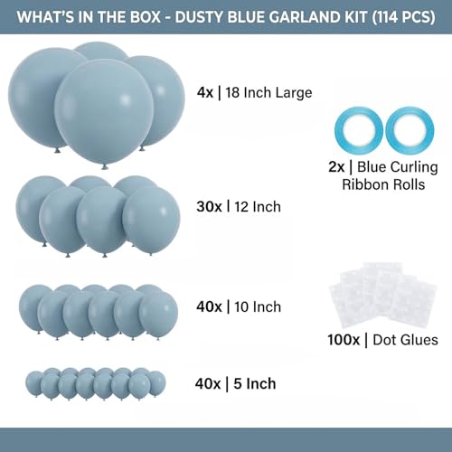 Image of 114pcs Dusty Blue Balloons Different Sizes, 18 12 10 5 inch Retro Pale Aqua Blue Balloons Garland Arch kit for Birthday Boho Baby Shower Bachelorette Wedding Party Decorations