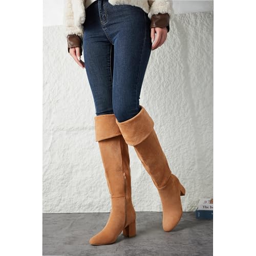 Putu Women's Thigh High Boots Block Heel Boots Over the Knee Faux Suede Tall Boots2