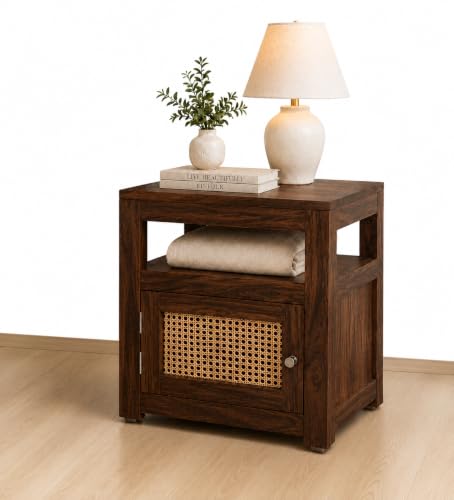 Image of Solid Sheesham Wood Bedside Table with Cane Door | Wooden Nightstand with Open Shelf & Storage Cabinet | Modern Side Table for Bedroom & Living Room