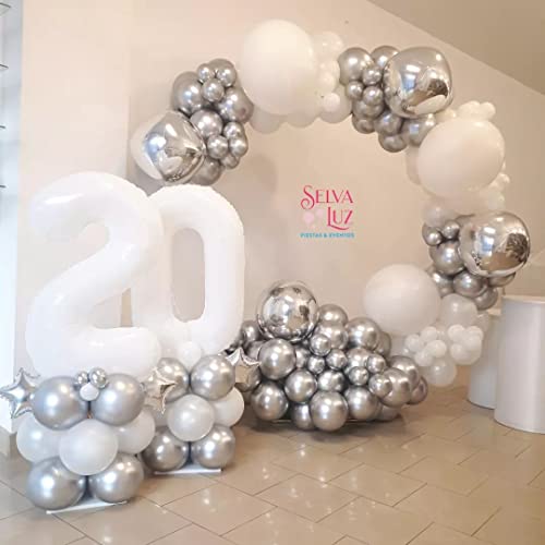 White Silver Latex Balloon Garland Kit Kelfara 127Pcs Different Sizes 18/12/10/5 inch Matte White Metallic Silver 4D Foil Balloons and Confetti Ballons for Anniversary Birthday Party Decoration