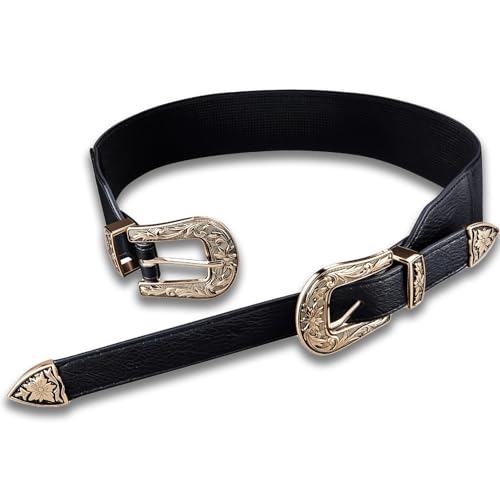 Image of Dubulle Womens Belt Chain Leather Belts Vintage Western Adjustable Elastic Double Buckle for Cowboy Pant Dress