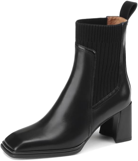 TinaCus Women's Genuine Leather & Knitted Handmade Square Toe Chunky Heels Slip On Trendy Mid-Calf Boots
