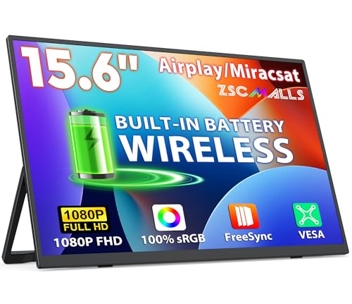 ZSCMALLS Battery Wireless Portable Monitor, 8000mAh 15.6' 1080P IPS USB-C/HDMI Second Screen, Built-in Speakers, Support AirPlay/Miracast for Laptop/Phone/Tablet/Switch/Xbox
