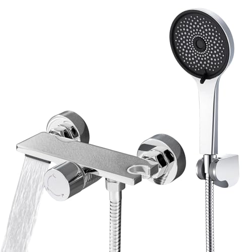 Auralum Mitigeur de Douche et Bain en Laiton Chromé - Robinet avec Bec Cascade Orientable, Douchette 5 Jets, Flexible Inox 1.5m et Tablette de Rangement Intégrée,...