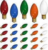 SUNSGNE 25 Pack C9 Multicolor Christmas Light Bulbs, C9 Ceramic Multicolor Incandescent Replacement Bulbs for Outdoor Vintage Christmas String Light, E17/C9 Intermediate Base- 7 Watts