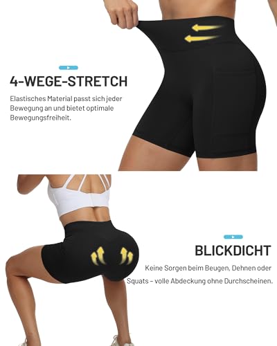 Runhit Damen Radlerhose mit Taschen, 5\ Kurze Sporthose High Waist, Bauchkontrolle Po Anhebend Blickdichte Leggings Kurz Gym Shorts für Running Yoga Tennis, Schwarz M