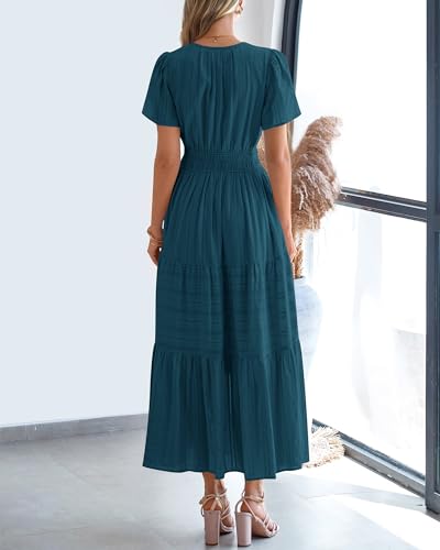 BTFBM Womens Summer 2026 Casual Midi Maxi Dresses Lightweight Short Sleeve V Neck Elastic Waist Boho Beach Dress Pockets(Lake Blue, XX-Large) — view 3