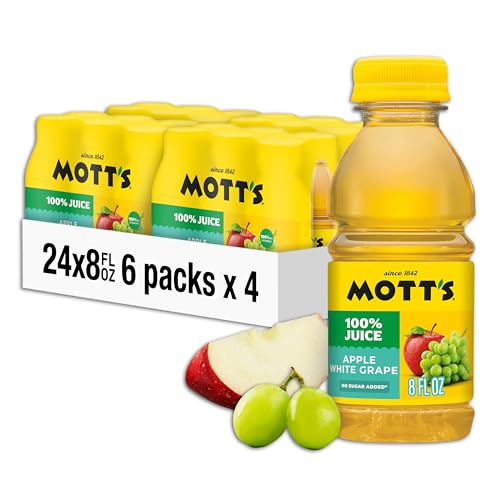 Mott's 100% Apple White Grape Juice, 8 Fl Oz Bottles, 24 Count (4 Packs Of 6), No Added Sugar, Excellent Source Of Vitamin C, 2 Servings Of Fruit Per Bottle, Gluten & Caffeine Free, On-the-go