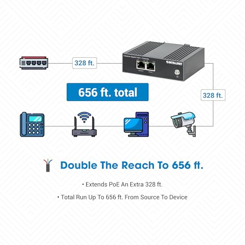 Image of Intellinet Industrial Gigabit PoE++ Extender, 80W, DIN Rail, IP30 | IEEE 802.3bt /at /af compliant 4PPoE repeater, 10 /100 /1000 Mbps, no power supply needed, -40 to 167F use