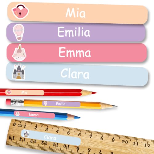 Personalisierte Namensaufkleber Schule 75 Stück Rosa Motive Namensaufkleber Kinder Wasserfeste Sticker Selbstklebende Etiketten für Schulmaterial Flaschen & Brotdosen Namensaufkleber Stifte