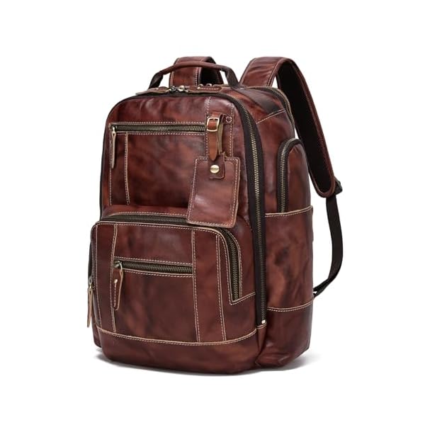 LANNSYNE Full Grain Leather Backpack For Men, Fits 16" Laptop, Coffee
