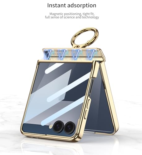 Image of Midkart Magnetic Leather Cover Compatible with Samsung Galaxy Z Flip 7 Release 2025 Hinge Protection Case Ring Holder Kickstand Electroplated with Front Glass and Camera Protection, Blue