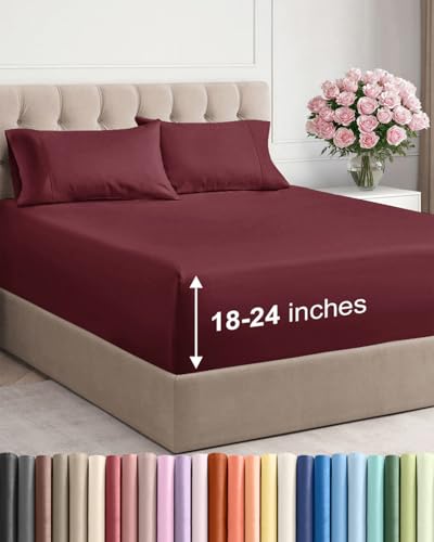 Image of Extra Deep Twin Sheet Set - 4 Piece Breathable & Cooling Sheets - Burgundy | Hotel Luxury Bed Sheets Set, Easy & Secure Fit, Ultra-Soft, Wrinkle & Fade Free, Comfy Sheets Set with Extra Deep Pockets
