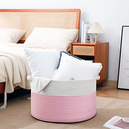 Megasket Pink Storage Baskets For Organizing, 22"X22"X14" Xxxl Blanket Basket Living Room, Large Toy Basket, Soft Pink Cotton Rope Woven Baskets For Storage, Decorative Gifts Basket Bins For Nursery #TOP4