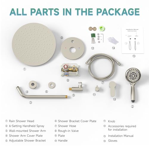 Image of SR SUN RISE Shower Faucet - 12 Inch Multifunctional High Pressure Shower Head System with Handheld Shower Head Fixtures - Valve Included - Brushed Nickel