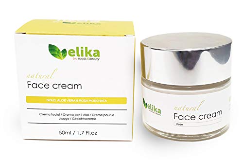 Crema Facial Natural “Itzae” Elikafoods , Filtros Solares FPS15, Hidratante, Reafirmante. Ingredientes Naturales: Colágeno y Elastina, Extracto de Alga, Polvo de Oro, Aloe Vera y Rosa Mosqueta. 50ml.