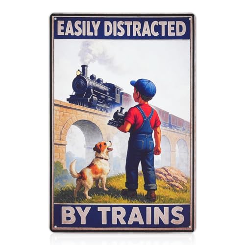 FDKYOEK Easily Distracted by Trains Tin Signs Vintage Metal Signs 8x12 Inches Retro Train Poster Wall Decor for Boys Room Man Cave Garage Bedroom or Home Bar Gifts for Train Lovers and Collectors