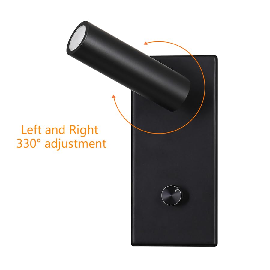 LED Wandleuchte, 5W Warmweiß, Dimmbar mit Drehknopf, Einbaumontage, Matte Schwarz, Leselampe fürs Schlafzimmer