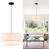 18' Drum Pendant Light Fixture, 3 Light Drum Chandelier with Wihte Fabric Lampshade, 2 Tier Dining Room Light Fixtures over Table, Ceiling Drum Chandeliers for Dining Room, Bedroom and Living Room