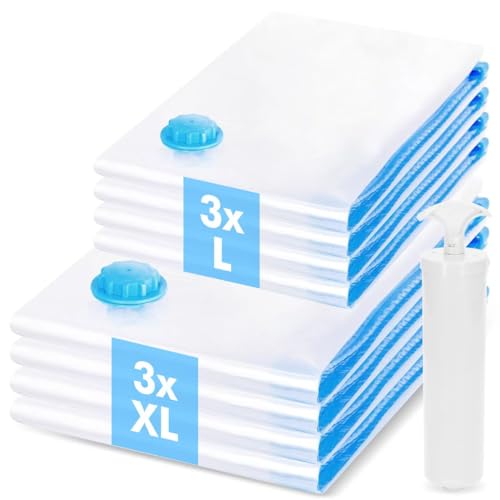 6 pezzi Sacchetti Sottovuoto Vestiti Viaggio, 3 XL + 3 L Buste Sottovuoto Vestiti, Sacchi Sottovuoto...