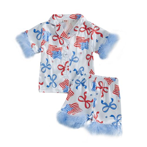Kuriozud Toddler Girl Pajamas 4th Of July Baby Silk Satin Nightgown Girls Fourth Of July Pjs Button Down 2Pcs Pajamas Set