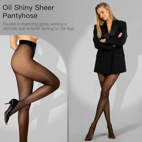 Image of Yilanmy Shiny Polka Dot Patterned Tights for Women Sheer Shimmer Pantyhose 20D High Waist Heart Stockings