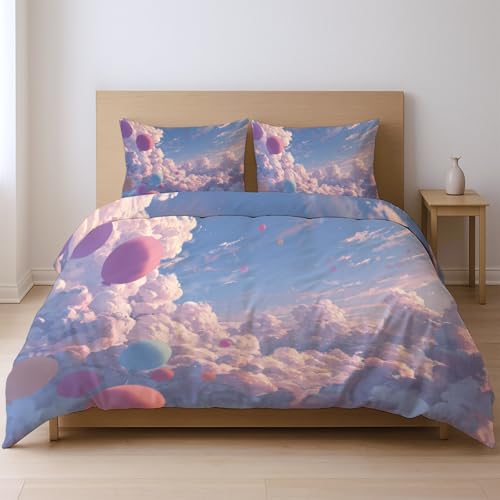 Generico cerniera chiusura perfettamente cucita microfibra di poliestere spazzolata copripiumino, colore Palloncini Nuvole Cielo 230 * 220cm Adatto per la camera da letto