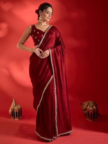 Image of AKHILAM Women's Shimmer Pure Georgette Embroidered Ready To Wear one Minute Saree With Unstitched Blouse Piece