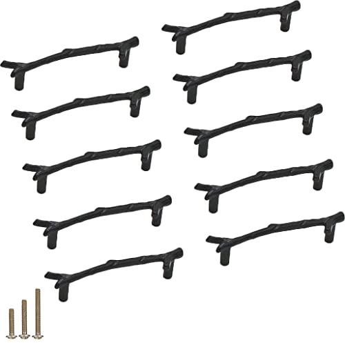 ESreake 10pcs Vintage Tree Twig Branch Cabinet Knobs Pulls Handles,Zinc Alloy Drawer Pull Handles for Farmhouse Cabin Mountain House Kitchen Closet (10 Pack, Length 6.4  Hole Distance 5 , Black)