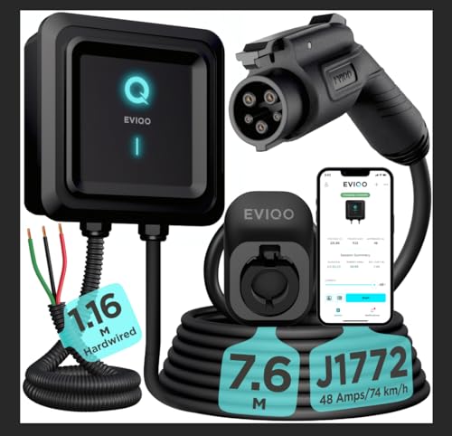 EVIQO EV Charger Level 2 48 Amp - Level 2 EV Charger Hardwired, 240V Electric Vehicle Charging Stations, J1772 Chargers 11.5kW, Wall EV Chargers for Home, EVSE EV Charging Station 25' Cord