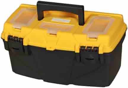 Torin 15.5 Inch Plastic Tool Box With Removable Tray - Black & Yellow, Waterproof, Dual Locks