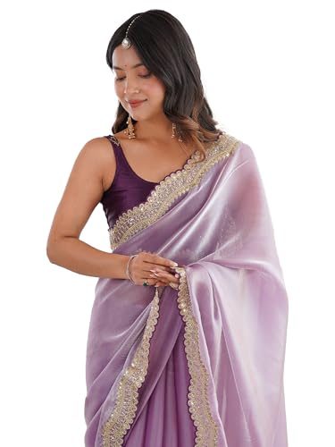 Image of AKHILAM Women's Shimmer Satin Sequence Embroidery Work Border Saree With Unstitched Blouse Piece