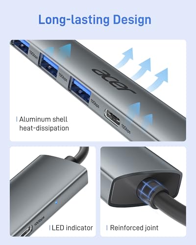 Image of Acer USB C Hub 10Gbps, USB 3.2 Gen 2 Adapter with 3 USB-A & 1 USB-C Ports, High Speed Type C Multiport Splitter for MacBook, iPhone 16 /15, iPad, Surface Pro, Chromebook, Dell XPS and More