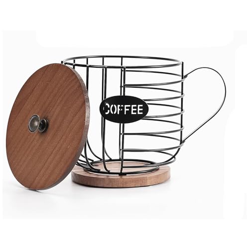 Kleagary - Cesta de almacenamiento, cesta de café redonda, decoración con tapa de madera para encimera de cocina para vainas