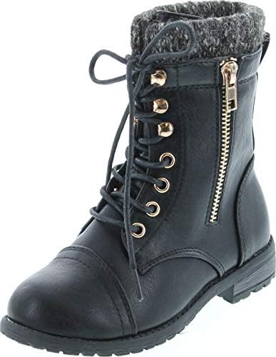 Link Mango-31 Girls Kids Round Toe Military Lace Up Knit Ankle Cuff Low Heel Combat Boots,Black,4