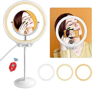 MOUNTDOG 10'' Desktop LED Ring Light with Makeup Mirror,Phone Holder,Soft Tube Stand,Dimming 3
