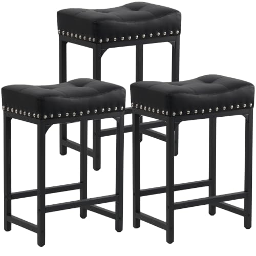 Image of Bar Stools Set of 3, Counter Height Bar Stools for Kitchen Island, 24 Inch Black Saddle Backless Barstools, Counter Height Stools with Thick Saddle Seats & Metal Base, Black