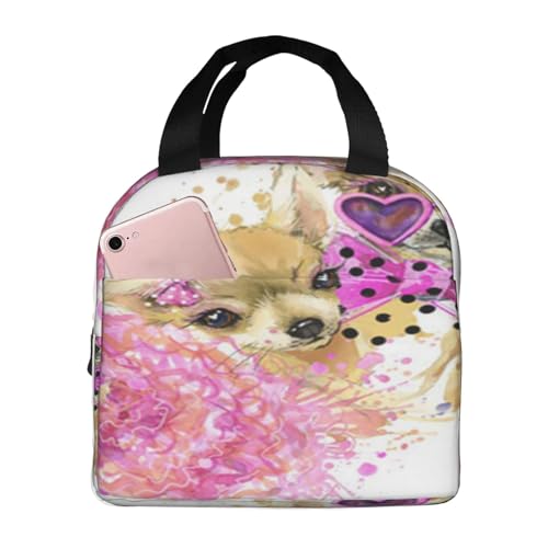 断熱ランチバッグ、大容量、防水、熱漏れ防止、スタイリッシュで丈夫、仕事、学校、アウトドア活動に便利、男女兼用(かわいい甘い犬のTシャツグラフィック面白いイラストとスプラッシュ)